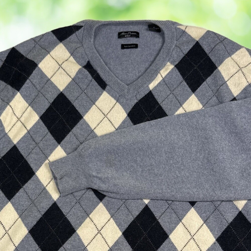 Vintage Y2K ALAN FLUSSER Golf Cashmere Sweater Argyle Preppy Country Club Sz XL